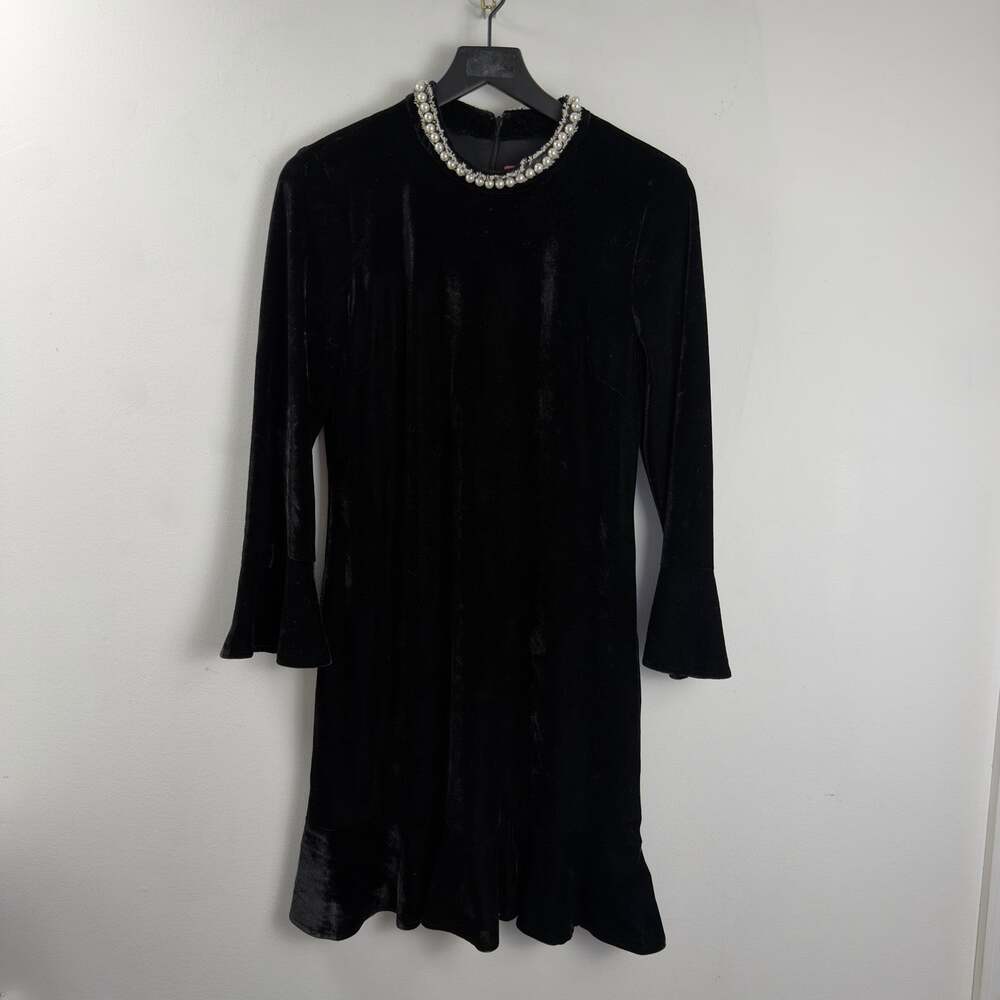 Betsey Johnson Black Velvet Long-Sleeve Ruffle Hem Shift Dress Sz 10 Holiday